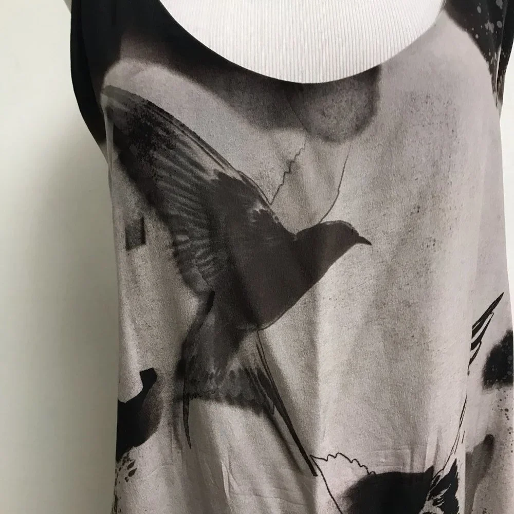 Diesel black gold silk sleeveless loose fit dress bird gray print low back L - Picture 7 of 9